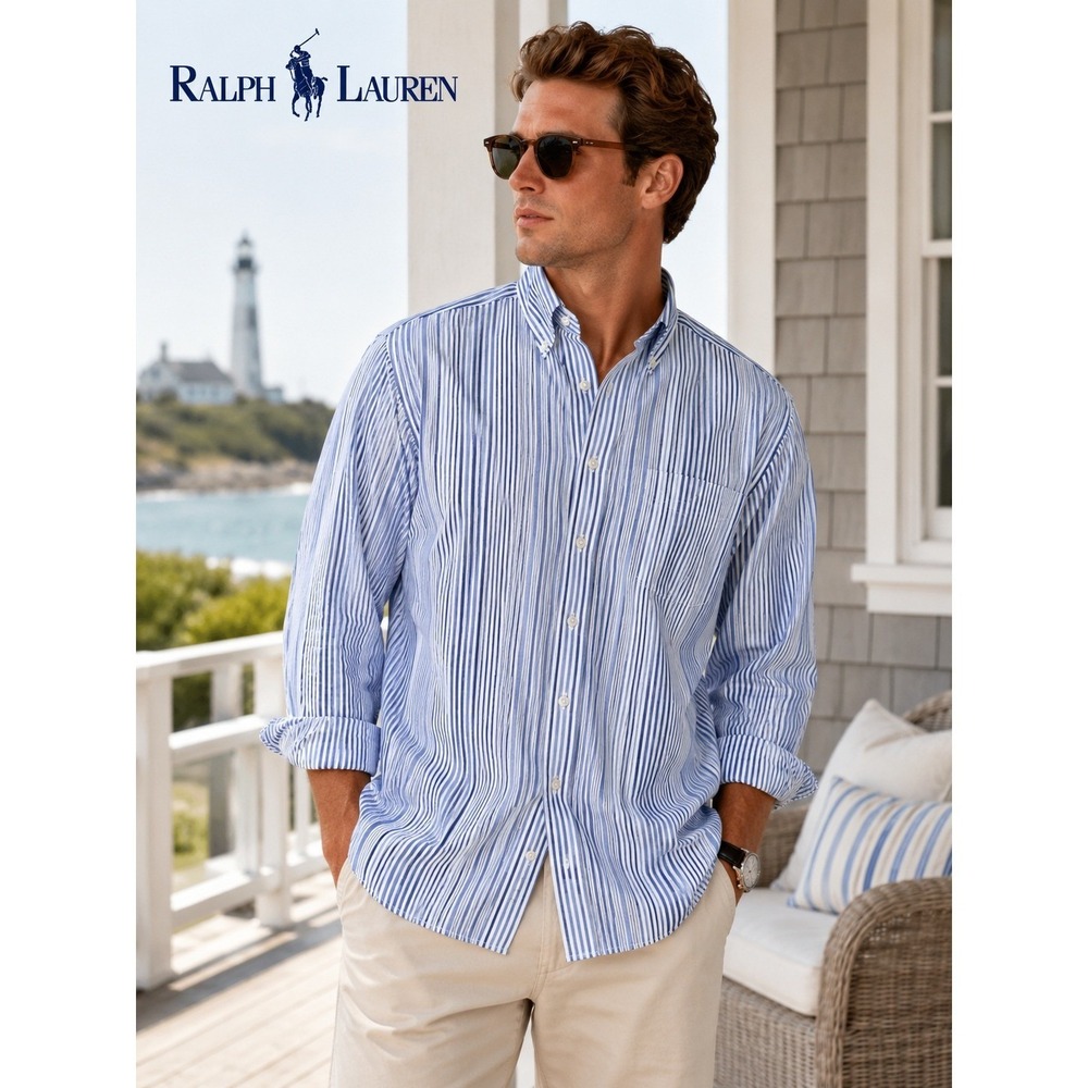 Ralph Lauren Blake XL Blue White Stripe Button Down Shirt Classic Cotton